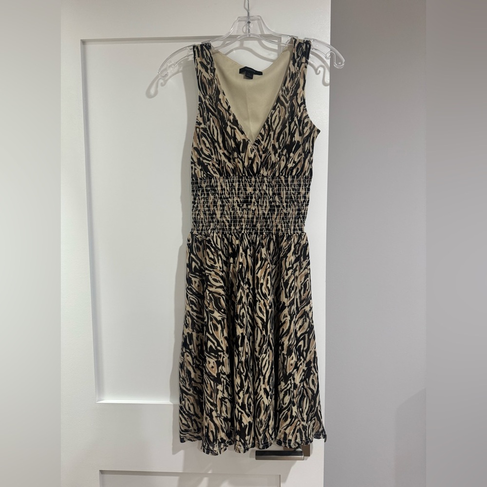 Express dress XS Animal Print Zebra Black Tan Ivory elastic Waist sleeveless